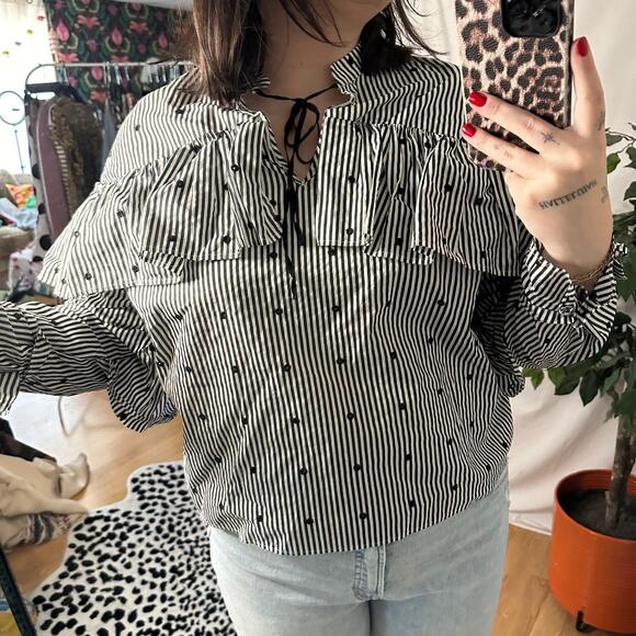 MAJE Lossi Ruffled Striped Cotton Blouse Black Size 1 - Picture 4 of 7